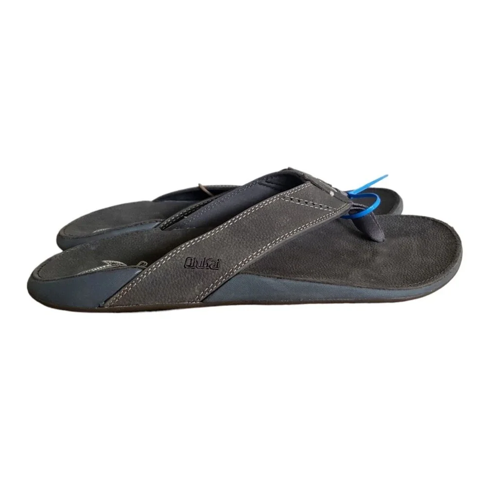 OluKai Nui Men’s Flip Flop Sandals Full Grain Leather Gray Size 12 NEW